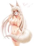  animal_ears blush breasts glasses huge_breasts long_hair navel nipples nude original pass_(suyaky) red_eyes signature simple_background solo tail very_long_hair white_hair 
