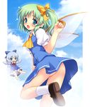  ass blue_eyes blue_hair bow cirno cloud daiyousei day green_hair hair_bow hair_ribbon mary_janes md5_mismatch multiple_girls no_panties ribbon shoes short_hair side_ponytail sky socks touhou wings yamasan 