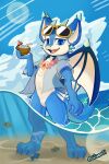 2026 2:3 3_toes 4_fingers absurd_res anthro aquatic beverage blue_body blue_eyes clothing cloud cocktail_garnish cocktail_umbrella coconut coconut_drink cute_fangs dragon drinking_straw drupe_(fruit) eyewear eyewear_on_head fangs feet fin fingers fish flower flower_necklace food fruit glare_(lighting) glimon01 hi_res horn league_of_legends looking_at_viewer male mythological_creature mythological_scalie mythology navel open_mouth plant riot_games sand scalie sea smolder_(lol) solo sunglasses sunglasses_on_head teeth tencent toes tongue translucent translucent_clothing water wearing_sunglasses wings
