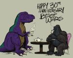 2026 3_toes anniversary anniversary_art anthro ape belly black_body black_fur black_skin black_text claws container cup digital_drawing_(artwork) digital_media_(artwork) dinosaur drinking_tea duo english_com english_text eyes_closed feet fur gorilla grey_background haplorhine hasbro hi_res holding_container holding_cup holding_object holding_tea_cup male male_anthro mammal megatron_(beast_wars) optimus_primal orange_sclera phillip-banks prehensile_feet prehistoric_species primate procreate_(artwork) purple_body purple_scales reptile saurischian scales scalie shadow simple_background takara_tomy tea_cup tea_kettle text theropod toes transformers transformers:_beast_wars tribute tyrannosaurid tyrannosauroid tyrannosaurus tyrannosaurus_rex white_claws yellow_belly