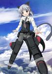  animal_ears black_legwear blush cat_ears cloud day green_eyes pantyhose ryunnu sanya_v_litvyak short_hair silver_hair skirt sky solo strike_witches striker_unit tail wind wind_lift world_witches_series 