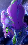 2026 aardwolf andromorph anthro butt draconia_(edraconia) dragon female fur furred_dragon furred_scalie genitals green_body green_fur hi_res horn hybrid hyena intersex looking_at_viewer mammal mythological_creature mythological_scalie mythology nude pink_body pink_fur purple_body purple_fur scalie smile smiling_at_viewer solo tail tokifuji vulva