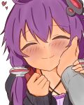  1girl ahoge closed_eyes closed_mouth commentary_request criss-cross_halter dress halter_dress halterneck hand_on_another's_arm hand_on_another's_cheek hand_on_another's_face heart hood hood_down hooded_jacket hoodie jacket master_(vocaloid) okutog4 open_clothes open_hoodie purple_dress purple_hair ribbed_dress short_hair_with_long_locks simple_background smile vocaloid voiceroid white_background yuzuki_yukari 