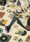  1boy 1girl black_hair cable cassette_player cassette_tape cd_case closed_mouth collared_shirt couple hair_slicked_back headphones hetero highres jewelry lanxi_zhen long_hair looking_at_another mature_male mp3_player multicolored_hair necklace official_art pan_jing_(the_legend_of_luoxiaohei) pants ponytail purple_hair shirt smile speaker textless_version the_legend_of_luo_xiaohei two-tone_hair vinyl_record white_hair xia_(the_legend_of_luoxiaohei) yuban_delanbai 