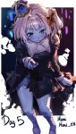  1girl black_dress blonde_hair blue_crown blue_eyes blue_skin bow colored_skin crown dress fish goldfish hair_bow highres looking_at_viewer marimari_(vtuber) mn374390 orange_bow phase_connect short_eyebrows side_ponytail smile solo virtual_youtuber 