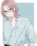 1girl black-framed_eyewear black_pants blue_shirt border breast_pocket closed_mouth collared_shirt commentary_request ear_piercing earrings glasses green_eyes jewelry looking_at_viewer nozawa_(nooo1709) original outside_border pants piercing pink_hair pocket shirt solo striped_clothes striped_shirt vertical-striped_clothes vertical-striped_shirt white_border white_shirt 