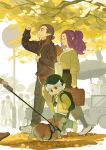  1girl 2boys animal_ears backpack bag baseball_cap brown_hair cargo_pants cat_boy cat_ears closed_eyes collared_shirt dog hand_in_pocket hat highres holding holding_newspaper leash luo_xiaohei luo_xiaohei_(human) luozhu_(the_legend_of_luo_xiaohei) multiple_boys newspaper official_art pants people pointy_ears profile purple_hair red_shirt shirt smile sweater textless_version the_legend_of_luo_xiaohei white_hair white_shirt yuban_delanbai zi_luolan_(the_legend_of_luoxiaohei) 