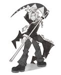  1boy arm_up black_cloak braid braided_ponytail cloak crossover derivative_work edward_elric fullmetal_alchemist highres holding holding_scythe looking_to_the_side medium_hair monochrome necktie scythe senoisdead signature simple_background smile soul_eater soul_evans striped_clothes striped_necktie white_background white_wrist_cuffs wrist_cuffs 
