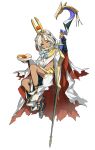  1boy ancient_egyptian_clothes baggy_pants body_markings bowl bridal_gauntlets circlet cloak commentary dark-skinned_male dark_skin fate/grand_order fate_(series) food gem gold_trim grey_eyes grey_hair highres hood hooded_cloak kabutomushi_s long_sleeves looking_at_viewer medium_hair navel open_mouth pants sandals smile solo staff tutankhamun_(fate) tutankhamun_(first_ascension)_(fate) usekh_collar white_cloak white_pants 