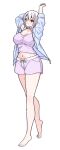  1girl arms_up bare_legs barefoot blue_jacket breasts camisole cleavage closed_mouth commentary_request drawstring full_body highres jacket large_breasts light_smile looking_at_viewer nakiri_alice navel open_clothes open_jacket plantar_flexion purple_camisole purple_shorts red_eyes shokugeki_no_souma short_hair shorts simple_background solo standing stretching toy-black white_background white_hair 