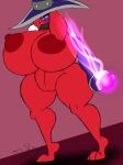 anthro big_breasts blue_eyes breasts buckteeth clothing energy female genitals hat headgear headwear hi-rez_studios hi_res huge_breasts lagomorph leporid mammal moji_(paladins) paladins_(game) power rabbit red_body riku9797 shortstack solo teeth thick_thighs vulva