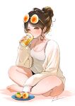  1girl absurdres alcohol bare_legs barefoot beer_can black_shorts blush breasts brown_hair can cardigan cleavage commentary_request drink_can drinking eyewear_on_head feet food-themed_eyewear full_body hair_bun hand_up highres indian_style keisuke1105 long_sleeves medium_breasts open_cardigan open_clothes original plate short_shorts shorts signature simple_background single_hair_bun sitting sleeves_past_fingers sleeves_past_wrists softboiled_egg solo tank_top white_background white_tank_top yellow_cardigan yellow_eyes 