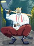 2026 3:4 absurd_res accessory anthro bat_(object) black_nose blue_clothing blue_footwear blue_shoes bottomwear brown_body brown_fur building cel_shading city clothing collared_shirt crouching detailed_background digital_drawing_(artwork) digital_media_(artwork) dress_shirt ear_piercing ear_ring eyebrow_scar eyebrows facial_scar footwear fur green_eyes hair hi_res holding_baseball_bat hyena looking_at_viewer ma_kitsune male male_anthro mammal muscular muscular_anthro muscular_male necktie notched_ear outside pants piercing red_bottomwear red_clothing red_pants ring_piercing scar shaded shirt shoes short_hair solo spiked_bat spotted_hyena street street_lamp tail tan_body tan_fur topwear underbite white_clothing white_shirt white_topwear