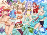  5girls akane_(pokemon) androgynous beach bikini black_sarong blue_hair breast_hold breast_press breasts cabbie_hat casual_one-piece_swimsuit clothes_theft corsola covering day dugtrio frilled_bikini frills gen_1_pokemon gen_2_pokemon halter_top halterneck hat ibuki_(pokemon) karin_(pokemon) kotone_(pokemon) krabby long_hair marill medium_breasts mikan_(pokemon) multiple_boys multiple_girls navel octillery one-piece_swimsuit pink_hair pokemoa pokemon pokemon_(creature) pokemon_(game) pokemon_hgss remoraid sand_sculpture sarong shellder side-tie_bikini silver_(pokemon) spread_legs staryu swimsuit swimsuit_theft tentacool theft topless totodile tsukushi_(pokemon) two_side_up visor_cap wet wooper 