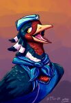 avian beak blue_body blue_feathers feathered_crest feathers feral flight_attendant_uniform generation_3_pokemon gyrotech head_crest hi_res mistral_(gyro) nintendo open_beak open_mouth pokemon pokemon_(species) red_body red_feathers srarlight swellow white_body white_feathers