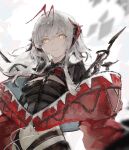 1girl antenna_hair arknights breasts demon_girl demon_horns e_ren grey_hair highres horns jacket long_sleeves looking_at_viewer medium_breasts red_horns red_jacket smile solo upper_body w_(arknights) white_background wis'adel_(arknights) yellow_eyes 