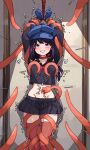  1girl arms_up bakasp-lilzy black_shirt black_skirt blue_gloves blue_hat blush bound bound_arms bound_wrists breasts cappie_(miside) choker clenched_hand commentary crop_top cuffs english_commentary feet_out_of_frame gloves hair_between_eyes hat heart highres indoors large_variant_set licking licking_navel long_hair long_sleeves looking_at_viewer medium_breasts midriff miniskirt miside mita_(miside) motion_lines navel navel_stimulation neckerchief newsboy_cap no_panties open_mouth pleated_skirt purple_eyes purple_hair red_choker red_neckerchief red_thighhighs restrained restraints rope shadow shirt sidelocks skirt smile solo standing stationary_restraints stomach teeth tentacles thighhighs thighs tickle_torture tickling tickling_legs tickling_navel tickling_nipples trembling variant_set wrist_cuffs 