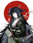  1girl absurdres arknights beads black_hair black_kimono blunt_bangs breasts chest_sarashi cleavage closed_mouth collarbone commentary crossed_arms e_ren flower grey_eyes hair_flower hair_ornament highres japanese_clothes katana kimono long_hair long_sleeves looking_at_viewer mio_(arknights) pink_flower red_flower red_sun sarashi sheath sheathed solo sword weapon white_kimono wide_sleeves 