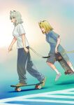  2girls a1_(initial-g) animal_ear_fluff animal_ears baggy_pants black_streaks blonde_hair blue_pants blue_shirt bob_cut breasts cargo_shorts casual cat_ears commentary_request crocs etsushimaru_yakuko from_side green_shorts highres holding holding_skateboard kneehighs large_breasts long_hair medium_breasts medium_hair multicolored_hair multiple_girls pants satou_yaniko shirt shoes short_sleeves shorts skateboard skateboarding socks streaked_hair t-shirt tail tomboy white_hair white_shirt white_shoes white_socks yani_neko yellow_eyes 
