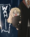 1boy 1girl blonde_hair chibi crying crying_with_eyes_open diagonal-striped_clothes diagonal-striped_necktie felutiahime genderswap genderswap_(mtf) grey_eyes harry_potter harry_potter_(series) hug long_hair malfoid necktie robe striped_clothes striped_necktie tears trembling wizarding_world 