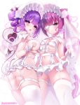  2girls alt_text animal_ear_fluff animal_ears artist_collaboration ass blush bonnet bow breasts closed_mouth commentary_request demon_tail drill_hair fingernails fishnet_thighhighs fishnets from_behind garter_belt garter_straps hair_between_eyes hand_up heart heart_in_eye highres large_breasts long_hair looking_at_viewer multicolored_hair multiple_girls nakato_misa navel one_eye_covered original panties parted_lips pinkpink2025 purple_eyes purple_hair signature small_breasts smile split-color_hair stomach symbol_in_eye tail thighhighs underwear very_long_hair white_bonnet white_bow white_garter_belt white_garter_straps white_panties white_thighhighs 