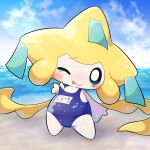 1:1 absurd_res ambiguous_gender ambiguous_humanoid blep blue_clothing blue_swimwear blush blush_lines clothed clothed_ambiguous clothed_humanoid clothing cloud day digital_drawing_(artwork) digital_media_(artwork) front_view generation_3_pokemon hi_res humanoid japanese_description jirachi legendary_pokemon looking_at_viewer lucky777 multicolored_body nintendo one-piece_swimsuit one_eye_closed outside pokemon pokemon_(species) school_swimsuit seaside shaded sky soft_shading solo sunny swimwear tongue tongue_out two_tone_body white_body yellow_body