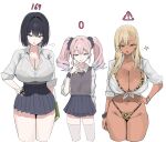  3girls animal_print black_hair blonde_hair blue_skirt bra bra_visible_through_clothes breasts cleavage coke011 collared_shirt commentary english_commentary green_eyes grey_eyes grey_vest gyaru highres large_breasts leopard_print leopard_print_bra leopard_print_panties long_hair looking_at_viewer multiple_girls navel numbers_above_head original panties pink_hair print_bra print_panties purple_eyes see-through_clothes see-through_shirt shirt short_hair simple_background skirt star_(symbol) tan tied_shirt twintails underwear vest white_shirt 