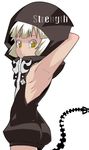  armpits arms_up black_rock_shooter eito flat_chest hood hoodie short_hair simple_background solo strength_(black_rock_shooter) tail white_hair yellow_eyes 