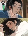  2boys all_wishes_come_true! black_hair blanket blue_hanfu blurry blurry_background blush brown_eyes chinese_clothes closed_eyes closed_mouth collarbone ear_blush facial_hair goupai_dashi hair_down hair_pulled_back hanfu high_ponytail highres implied_yaoi indoors long_hair long_sleeves lu_dongbin_(all_wishes_come_true!) lying male_focus multiple_boys mustache_stubble on_side parted_lips ponytail robe sidelocks sleeping sleeves_past_wrists split_screen stubble sword sword_on_back under_covers upper_body weapon weapon_on_back white_hanfu zhongli_quan_(all_wishes_come_true!) 