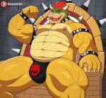 2026 anthro belly biceps big_bulge bowser bowser_day bracelet brick brick_wall bulge chair claws clothing collar eyebrows fangs fist flexing flexing_bicep furniture green_body green_scales hair half-closed_eyes horn jewelry koopa kraidhiel looking_at_viewer male manly mario_bros muscular muscular_anthro muscular_arms muscular_male muscular_thighs narrowed_eyes nintendo nipples on_chair open_mouth open_smile pecs red_body red_eyebrows red_eyes red_hair reptile scales scalie sharp_teeth shell sitting sitting_on_chair sitting_on_throne smile smiling_at_viewer solo speedo spiked_bracelet spiked_collar spiked_shell spikes spikes_(anatomy) swimwear tan_body tan_scales teeth thick_thighs throne throne_room tongue tongue_out wall_(structure) yellow_body yellow_scales