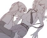  2girls averting_eyes bang_dream! bang_dream!_it's_mygo!!!!! belt braid breast_sucking breasts chihaya_anon choker closed_mouth collared_shirt commentary_request greyscale hair_ornament hairclip half_up_braid hand_on_another's_thigh highres large_breasts layered_sleeves leaf_171 long_hair long_sleeves monochrome multiple_belts multiple_girls nagasaki_soyo necktie nipples parallel_hairclips parted_bangs pleated_skirt shirt short_over_long_sleeves short_sleeves simple_background skirt straight_hair strap_slip suspenders topless_female turning_head undershirt white_background yuri 