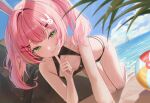  1girl absurdres all_fours alt_text animal_ears ball bare_arms bare_shoulders beach beachball bikini black_bikini breasts cleavage_cutout closed_mouth clothing_cutout commentary day dutch_angle fake_animal_ears finger_to_mouth green_eyes hair_ornament hairband hairclip hanako_nana hanako_nana_(4th_costume) highres index_finger_raised long_hair looking_at_viewer multi-strapped_bikini_bottom multicolored_hair outdoors pink_hair rabbit_ears rabbit_hair_ornament shushing small_breasts smile solo stellive streaked_hair string_bikini suisen_(suisenhwa) swimsuit thighs twintails untranslatable_commentary virtual_youtuber wet x_hair_ornament 
