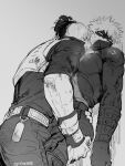  2boys against_wall bakugou_katsuki boku_no_hero_academia bulge covered_pectorals dirty erection erection_under_clothes eye_mask from_below from_side greyscale hand_on_another's_head hands_on_another's_ass highres male_focus mask monochrome multiple_boys open_collar pants pasinee1855 pectorals sleeves_rolled_up spiked_hair superhero_costume todoroki_shoto twitter_username yaoi 