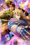  2boys abs battle_tendency belt blonde_hair blue_belt blue_eyes blue_gloves blue_jacket blue_pants bracelet brown_belt brown_hair bubble caesar_anthonio_zeppeli closed_mouth crop_top cropped_jacket facial_mark feather_hair_ornament feathered_wings feathers fingerless_gloves gloves gold_bracelet green_scarf green_shirt hair_ornament headband highres jacket jewelry jojo_no_kimyou_na_bouken joseph_joestar joseph_joestar_(young) looking_at_viewer male_focus multiple_boys muscular muscular_male pants pink_scarf scarf shirt short_hair sparkle white_shirt wings yeolho 