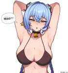  1girl absurdres animal_ears armpits arms_up bell bikini black_bikini black_choker blue_hair blush braid braided_twintails breasts choker collarbone commission english_commentary goat_ears goat_girl goat_horns hair_between_eyes highres horns large_breasts long_hair looking_at_viewer lucia_elowen mole mole_on_arm neck_bell open_mouth pointy_ears simple_background solo speech_bubble suna_64 swimsuit twitter_username white_background yellow_eyes zenless_zone_zero 