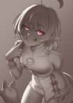  1girl ahoge arm_behind_back bracelet breasts chinese_clothes cipher4109 cleavage_cutout clothing_cutout commentary cowboy_shot dress earrings eye_on_tail fangs flower_knot gigi_murin gigi_murin_(casual) glowing glowing_eyes greyscale grin hand_up highres hololive hololive_english jewelry looking_at_viewer mandarin_collar monochrome official_alternate_costume official_alternate_hairstyle pink_eyes pointing pointing_at_self qipao raised_eyebrow sharp_teeth short_hair small_breasts smile solo spot_color tail tassel tassel_earrings teeth untranslatable_commentary virtual_youtuber 