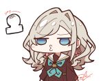 1girl aqua_neckerchief blue_eyes brown_dress ceras_yanagida_lilienfeld chibi chibi_only dress food grey_hair hair_ribbon hasu_no_sora_school_uniform highres jitome long_hair long_sleeves love_live! love_live!_hasu_no_sora_jogakuin_school_idol_club mochi neckerchief o3o oofushi_ao pink_ribbon puckered_lips ribbon sailor_collar sailor_dress school_uniform signature simple_background solo upper_body virtual_youtuber white_background white_sailor_collar winter_uniform 