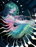 body_horror elemental_creature elemental_humanoid eyelashes feefal female flora_fauna green_hair hair hi_res humanoid humanoid_merfolk iridescent_body iridescent_skin long_hair looking_at_viewer nude plant plant_humanoid solo sparkles spine tail