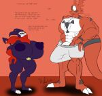 anthro bandai_namco big_breasts big_penis breasts clothing digimon digimon_(species) duo english_text female genitals guilmon huge_breasts huge_penis impmon male male/female muscular muscular_male penis profanity purple_body red_body riku9797 shortstack text underwear vulva yellow_eyes