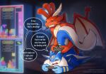 amber_eyes ambiguous_penetration anthro anthro_on_anthro arms_around_tail avian_caruncle bed blue_body comb_(anatomy) controller countershade_body countershade_torso countershading dialogue distracted_gaming doggystyle dominant dominant_male dragon duo ear_markings english_text facial_markings fluffy fluffy_tail food from_behind_position fur furniture furred_dragon furred_scalie game_controller gaming gaming_while_penetrated gaming_while_penetrating gloves_(marking) head_crest head_markings hi_res holding_controller holding_game_controller holding_object horn kneeling kneeling_on_bed lying male markings membrane_(anatomy) membranous_wings mika_(mikapoofs) mikapoofs motion_lines mythological_creature mythological_scalie mythology narrowed_eyes neck_tuft nude nude_anthro on_bed on_front open_mouth penetration pocky pocky_in_mouth pointed_tail red_body scalie sex sex_while_gaming shaking shivering signature spade_tail speech_bubble streetdragon stripes submissive submissive_male tail tan_body tan_horn tetris text tuft white_body white_fur white_wings wings wings_spread_out yellow_markings yellow_stripes