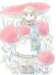  1girl apron blonde_hair blunt_bangs blush boots bow braid commentary dot_nose fly_agaric foliage gertie_(poranka) green_boots green_eyes hair_bow highres holding holding_mushroom looking_at_viewer mini_person minigirl mushroom original red_bow short_hair smile solo standing twin_braids white_apron 