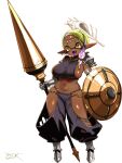  +_+ 1girl :d alternate_costume armor blonde_hair breasts commentary_request dark-skinned_female dark_skin dated_commentary frye_(splatoon) full_body gradient_hair highres holding holding_polearm holding_shield holding_weapon large_breasts looking_at_viewer multicolored_hair navel polearm purple_hair shield short_hair simple_background smile solo splatoon_(series) splatoon_3 stomach t2ukmyjm weapon white_background yellow_eyes 