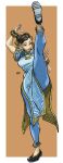  1girl absurdres artist_name blue_dress blue_pants bracelet breasts brown_eyes brown_hair chinese_clothes chun-li clothing_cutout commentary double_bun dress earrings flats hair_bun hidpict highres jewelry pants pelvic_curtain qipao ribbon smile solo split standing standing_on_one_leg standing_split street_fighter street_fighter_6 thick_thighs thighs yellow_ribbon 