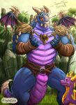activision anthro blue_body blue_eyes bubba_(spyro) crazydrak dragon duo english_text featureless_crotch feral front_view grass hi_res horn male male_anthro membrane_(anatomy) membranous_wings muscular muscular_anthro muscular_male mythological_creature mythological_scalie mythology open_mouth outside plant purple_body purple_wings red_tongue red_wings rescued_dragons_(spyro) scalie side_view signature size_difference spyro spyro_the_dragon standing tail teeth text tongue wings yellow_body