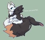 ambiguous/ambiguous ambiguous_gender anthro aquatic black_body black_fur black_sclera blue_eyes canid canine casualties:_unknown dialogue digitigrade dipstick_tail duo english_text expie_(gunsawian) eyes_closed facial_tuft fluffy fluffy_tail fur gunsawian hi_res hug leaning_on_another mammal markings milky_(gunsawian) ohnomename orange_tail_tip pawpads pink_pawpads simple_background sitting sitting_on_ground smile spikes spikes_(anatomy) tail tail_markings text tuft white_body white_fur