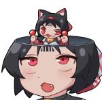  1girl animal_ear_fluff animal_ears black_hair cat_ears cat_girl chibi facial_mark fang forehead_mark highres looking_up mini_person minigirl nekomiya_mana open_mouth open_skull piloting red_eyes rogue_dojeog simple_background white_background zenless_zone_zero 