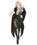  1girl absurdres black_robe black_shoes black_skirt blonde_hair breasts brown_pantyhose cold-colour collared_shirt commentary_request contrapposto curtained_hair diagonal-striped_clothes diagonal-striped_necktie dress_shirt earrings evil_smile foreshortening full_body genderswap genderswap_(mtf) green_eyes green_necktie green_robe grey_vest hand_on_own_hip harry_potter_(series) highres hogwarts_school_uniform hoop_earrings jewelry large_breasts leaning_forward loafers long_hair long_sleeves looking_at_viewer malfoid miniskirt necktie pantyhose parted_lips pleated_skirt robe school_uniform shirt shoes simple_background skirt slytherin smile smirk solo standing striped_clothes striped_necktie sweater_vest tachi-e two-sided_fabric two-sided_robe two-tone_robe very_long_hair vest white_background white_shirt wing_collar wizarding_world 