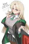  1boy 1girl black_robe black_skirt blonde_hair blush breasts brown_pantyhose burnt_green_tea diagonal-striped_clothes diagonal-striped_necktie earrings genderswap genderswap_(mtf) green_eyes green_nails green_necktie grey_sweater_vest harry_potter harry_potter_(series) highres hogwarts_school_uniform hoop_earrings jewelry large_breasts long_hair looking_at_viewer malfoid necktie pantyhose pleated_skirt red_robe robe school_uniform shirt simple_background skirt slytherin solo_focus striped_clothes striped_necktie sweat sweater_vest two-sided_fabric two-sided_robe two-tone_robe white_shirt wizarding_world 