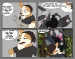 4_panel_comic absurd_res anthro barefoot beanie black_body black_clothing black_fur black_shirt black_t-shirt black_topwear blue_clothing blue_overalls bodily_fluids bottomwear brown_beanie brown_bottomwear brown_clothing brown_eyes brown_hat brown_headwear brown_shorts canid canine canis clothed clothing comic comic_panel corginamedbruno dialogue dipstick_fingers dipstick_snout domestic_dog english_text eyes_closed feet fur garden gardening gloves gradient_hair grey_clothing grey_shirt grey_t-shirt grey_topwear hair handwear hat headgear headwear herding_dog hi_res humor kneeling lagomorph leporid lying mammal navel on_side orange_body orange_fur overalls pastoral_dog pink_hair plant rabbit shirt shorts speech_bubble t-shirt tears teasing text topwear welsh_corgi white_body white_fur white_hair yellow_body yellow_fur