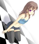  brown_hair error flat_chest kuro_(be_ok) long_hair midriff original purple_eyes shorts sitting solo thighhighs 